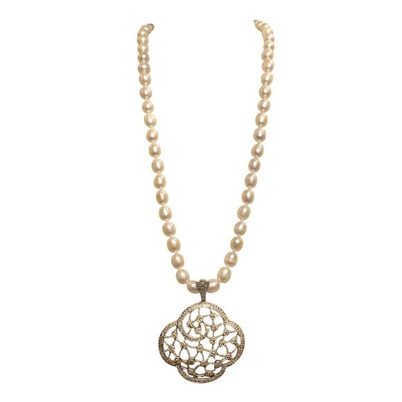 Sterling Silver & Freshwater Pearl Necklace w/ Removable Sterling & Zircon Pend. - Picture 2 of 12